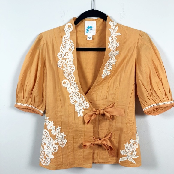 Anthropologie Tops - Anthro C. Keer Orange Wrap Tie Crochet Detail Top